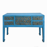 Blue Lacquer Golden Flower Graphic Drawers Slim Foyer Side Table cs7698S