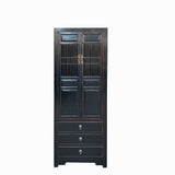 Oriental Black Narrow Wood Carving Shutter Doors Drawers Storage Cabinet cs7728S