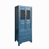 Oriental Blue Narrow Wood Carving Shutter Doors Drawers Storage Cabinet cs7729S