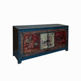 Chinese Distressed Blue Red Tiger Graphic Sideboard Console Cabinet cs7739S