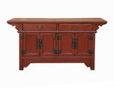 Oriental Distressed Brick Red Lacquer Low Table TV Console Cabinet cs7740S