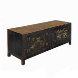 Vintage Oriental Distressed Flower Vases Black Low TV Console Cabinet cs7741S