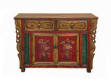 Chinese Distressed Mustard Yellow Red Flower Sideboard Credenza Cabinet cs7742S