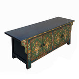 Chinese Tibetan Teal Green Blue Jewel Treasure Graphic Low TV Console Table cs7744S