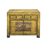 Chinese Distressed Yellow Graphic Sideboard Console Credenza Cabinet cs7751S