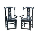 Pair Vintage Chinese Rustic Black Lacquer Deer Motif Yoke-Back Armchairs cs7807S