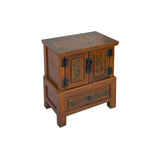 Chinese Distressed Orange Flower Graphic End Table Nightstand cs7821S