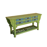 Distressed Lime Green 6 Blue Drawers Open Pedestal Sideboard Console Cabinet cs7823S