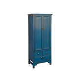 Oriental Dark Teal Blue Narrow Wood Detail Door Drawers Storage Cabinet cs7824S