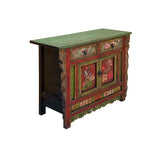 Chinese Distressed Red Green Flower Sideboard Credenza Cabinet cs7825S