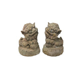 Pair Rustic Chinese Wood Foo Dog Lion Round Base FengShui Figures JK310S