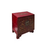 Chinese Distressed Brick Red Flower Birds Graphic End Table Nightstand cs7608S
