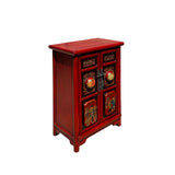 Chinese Distressed Brick Red Carving Graphic Tall Side End Table Nightstand cs7611S