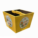 Chinese Wood Square Distressed Yellow Lotus Graphic Handle Bucket ws3509S