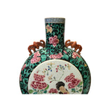 Vintage Chinese Dark Green Graphic Flat Round Flask Porcelain Vase ws3259S