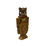 Chinese Brown Color Stone Carved Dragons Flat Jar Display Art ws3469S