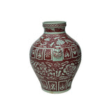Vintage Copper Red Phoenix Flower Graphic Foo Dog Ear Ceramic Fat Pot Vase ws3521S