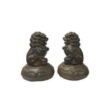 Pair Rustic Chinese Iron Foo Dog Lion on Round Base FengShui Figures ws3543S