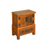 Chinese Distressed Orange Flower Graphic End Table Nightstand ws3592S