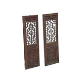 Pair Chinese Vintage Restored Wood Brown Flower Carving Wall Hanging Art ws3648S