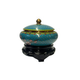 Chinese Teal Turquoise Metal Cloisonné Blossom Flower Theme Round Box ws3679S