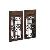 Pair Chinese Vintage Restored Wood Geometric Pattern Brown Wall Hanging Art ws3753S
