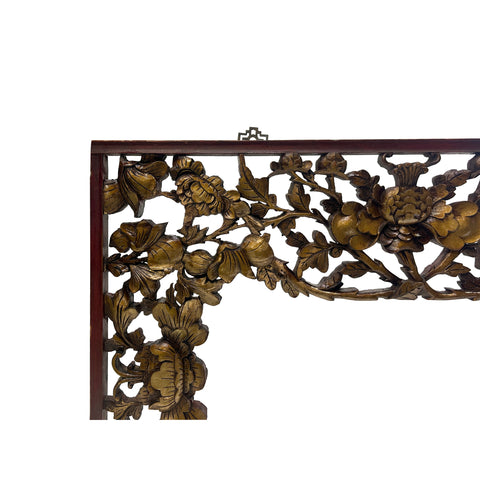 Chinese Vintage Golden Relief Flower Carving Arch Shape Wood Wall Art ws3790S