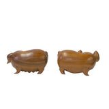 Chinese Pair Natural Wood Carved FengShui Happy Face Piggy Figures ws3794S