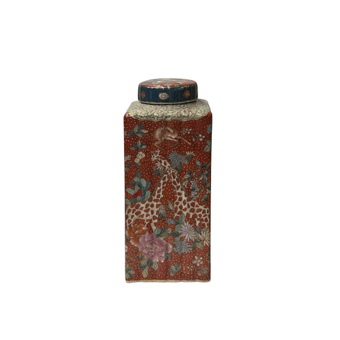 Oriental Vintage Maroon Red Animal Graphic Square Column Shape Porcelain Jar ws3854S