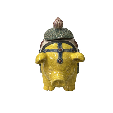 Oriental Vintage Yellow Gray Ceramic Piggy Shape Container Jar Figure ws3875S