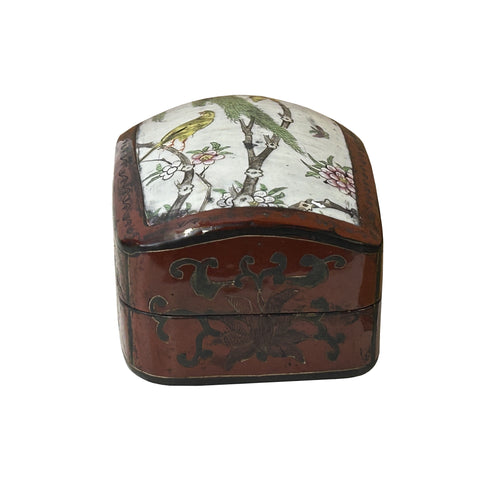 Chinese Old White Base Birds Flowers Porcelain Art Lacquer Box ws3876S