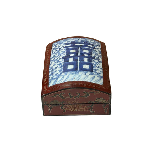Chinese Old White Base Blue Double Happiness Porcelain Art Lacquer Box ws3883S