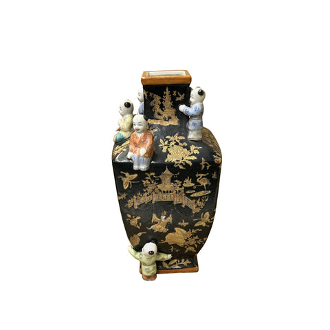 Oriental Vintage Black Copper Graphic Kids Accent Porcelain Vase ws3891S