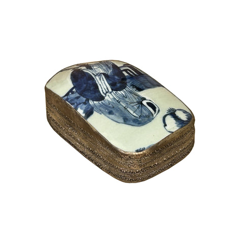 Chinese Old White Base Blue OldMan Graphic Porcelain Art Pewter Box ws3910S Chinese Old White Base Blue OldMan Graphic Porcelain Art Pewter Box ws3910S
