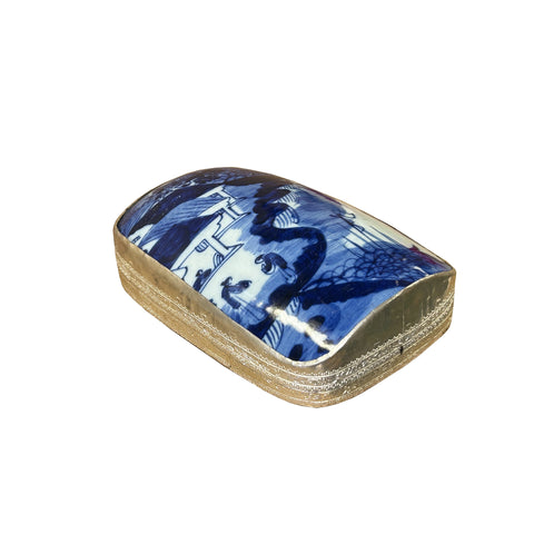 Chinese Old White Base Blue Flower Village Scenery Porcelain Art Pewter Box ws3925S Chinese Old White Base Blue Flower Village Scenery Porcelain Art Pewter Box ws3925S