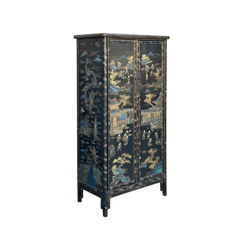 Vintage Black Lacquer Color Houses Trees Dragon Graphic Storage Cabinet ws4300S