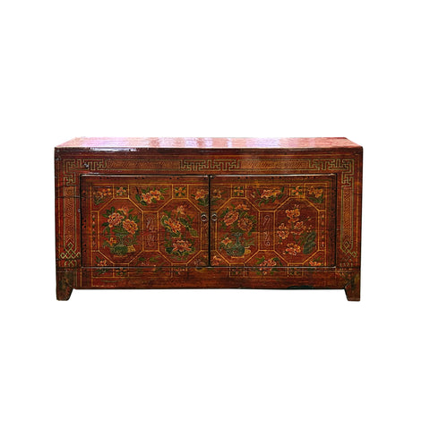 Vintage Chinese Orange Red Brown Floral Graphic Credenza Sideboard Cabinet ws4314S