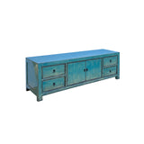 Oriental Distressed Light Turquoise Blue Low TV Media Console Cabinet ws4387S