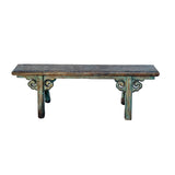 Distressed Brown Teal Blue Village Slim Narrow Scroll Apron Wood Bench ws4537S