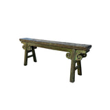 Distressed Brown Olive Green Village Slim Narrow Scroll Apron Wood Bench ws4544S