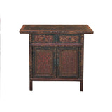 Distressed Vintage Red Brown Relief Floral Motif Side Table Cabinet ws4579S