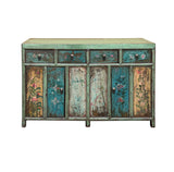 Vintage Chinese Turquoise Blue Flowers Credenza Sideboard Table Cabinet ws4609S