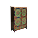 Tibetan Style Lotus Green Geometric Graphic Credenza Storage Cabinet ws4617S