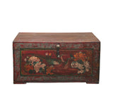 Vintage Distressed Brick Red Brown Flower Bird Oriental Wood Trunk Table ws4621S