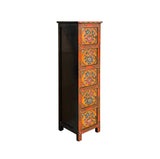 Tibetan Style Orange Flower Graphic Slim Narrow 5 Shelves Storage Cabinet ws4624S