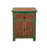 Distressed Green Orange Red Tibetan Floral End Table Nightstand ws4625S