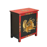 Tibetan Oriental Black Red Tigers Graphic End Table Nightstand ws4627S