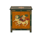 Tibetan Oriental Green Orange Foo Dogs Lions End Table Nightstand ws4632S
