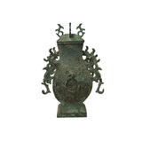 Green Gray Metal Carved Ritual Fengshui Vessel Display Art ws4785S