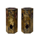 Pair Chinese Matte Gold Scenery Hexagonal Display Wood Brush Pots ws4856S